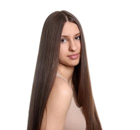 Photo of Portrait of beautiful teenage girl with healthy long hair on white background