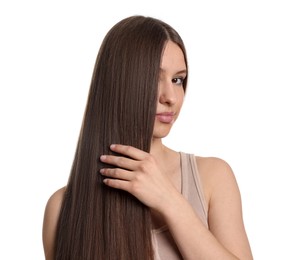 Photo of Portrait of beautiful teenage girl with healthy long hair on white background