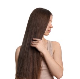 Photo of Teenage girl with healthy long hair on white background