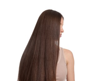 Photo of Teenage girl with healthy long hair on white background