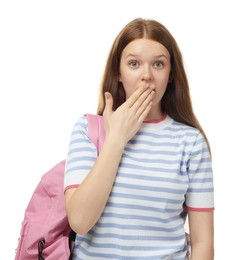 Photo of Emotional teenage girl with backpack on white background