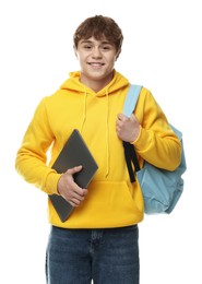 Photo of Teenage boy with laptop and backpack on white background