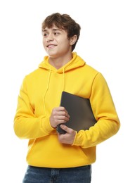 Photo of Teenage boy with laptop on white background