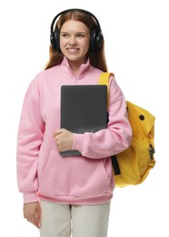 Photo of Teenage girl with laptop, headphones and backpack on white background