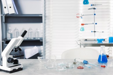 Photo of Petri dishes with different samples, microscope and glassware on grey table in laboratory