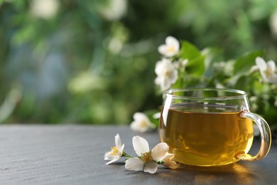 Photo of Tasty jasmine tea in cup and flowers on black table, closeup. Space for text