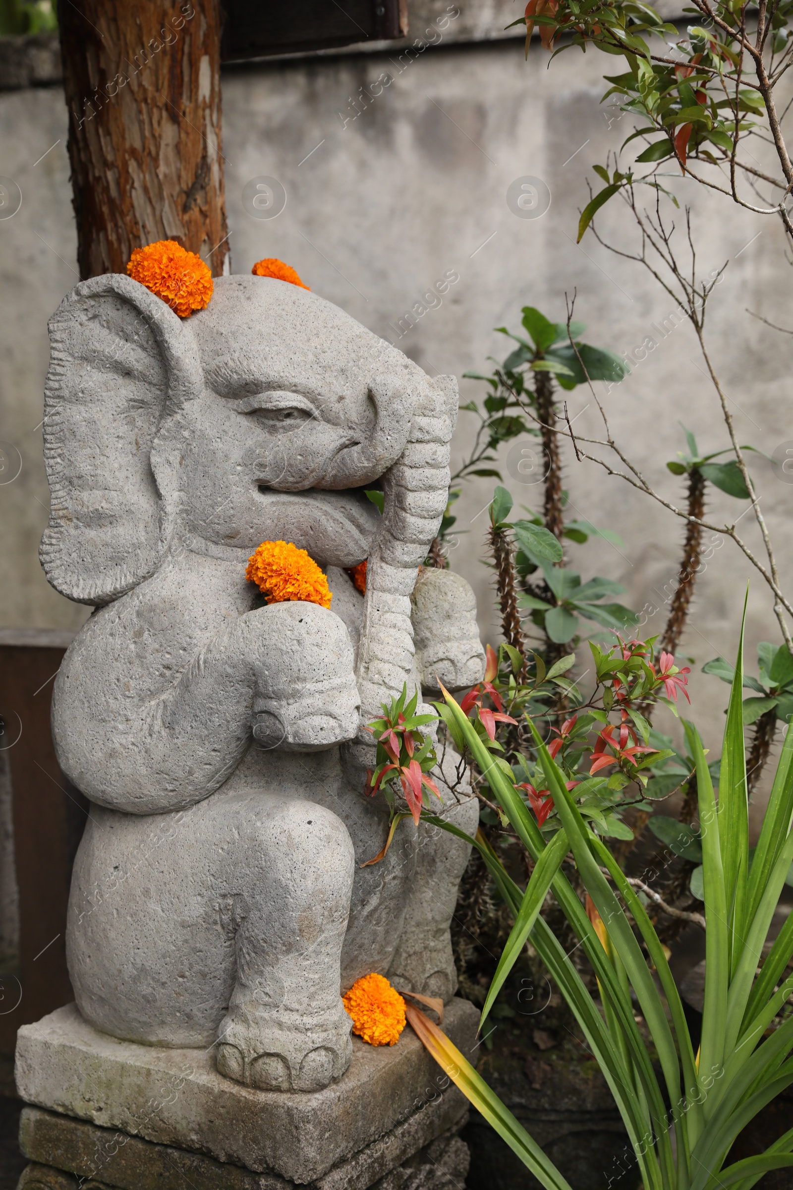 Bali, Indonesia - May 31, 2025: Beautiful Ganesha statue with flowers at temple Photo of Bali, Indonesia - May 31, 2025: Beautiful Ganesha statue with flowers at temple