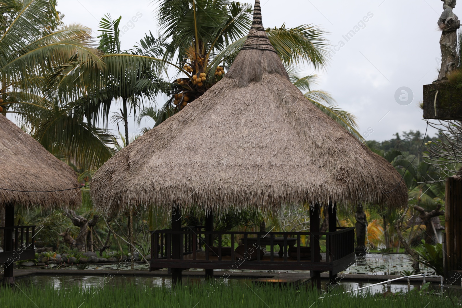 Beautiful gazebo with table and chairs outdoors Photo of Beautiful gazebo with table and chairs outdoors