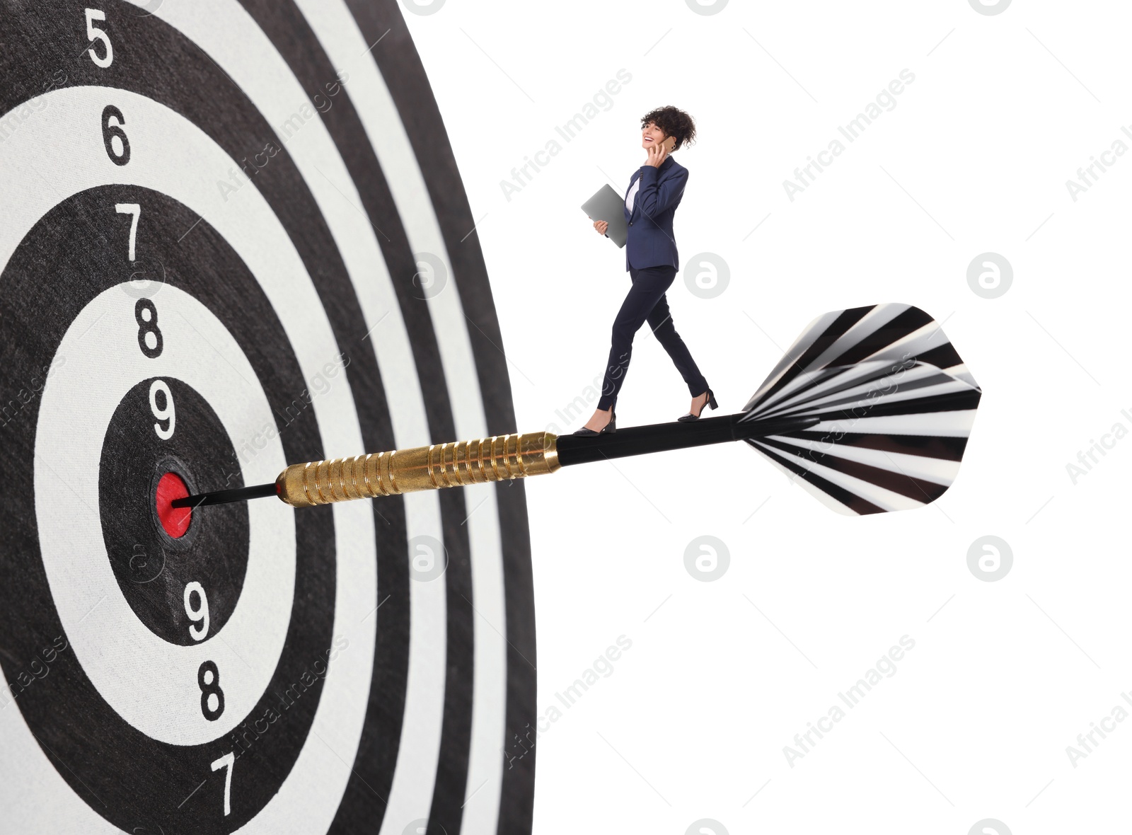 Goal achievement, business success and targeting. Businesswoman walking on dart sticking in center of dartboard against white background Image of Goal achievement, business success and targeting. Businesswoman walking on dart sticking in center of dartboard against white background