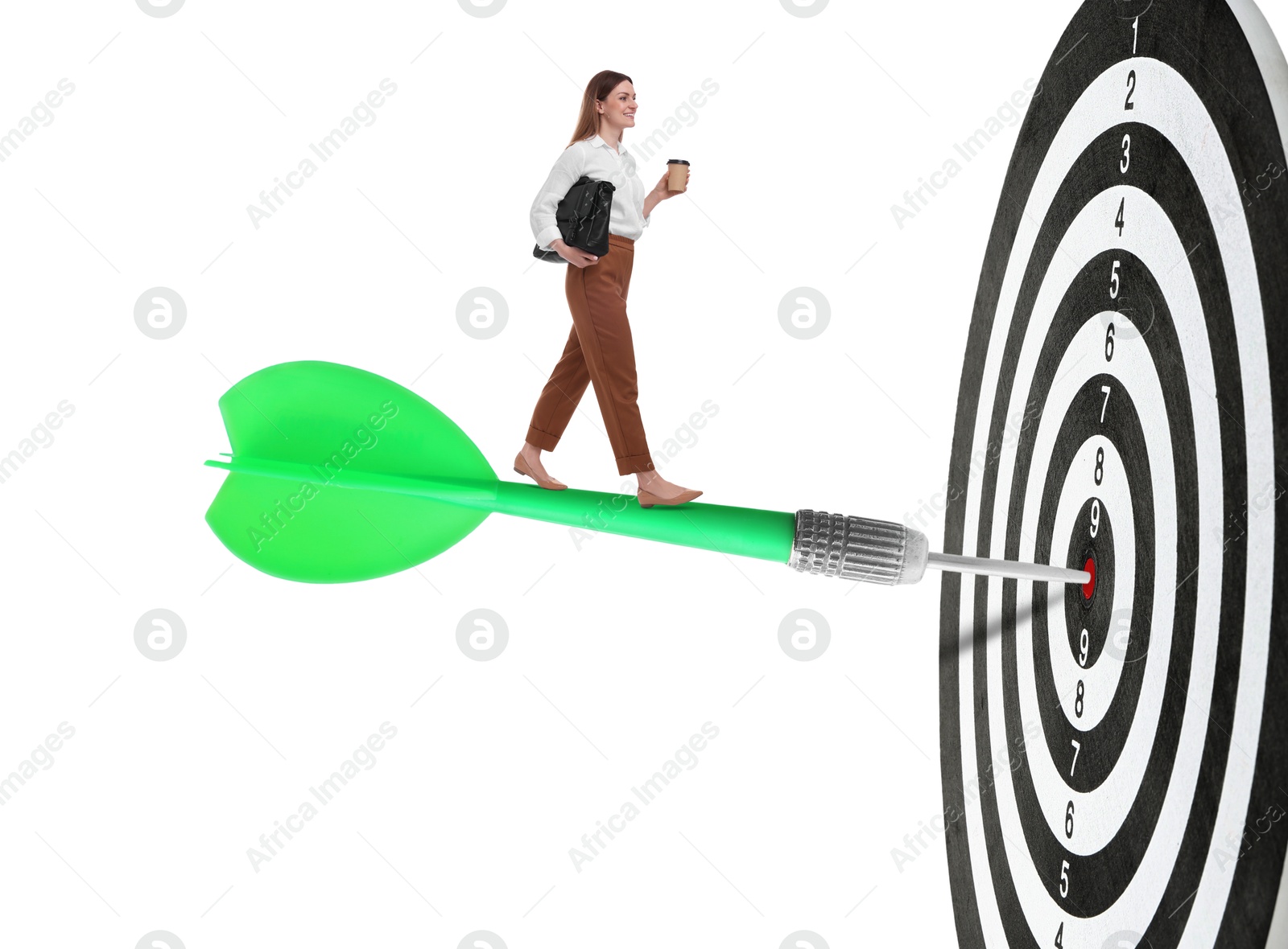 Goal achievement, business success and targeting. Businesswoman walking on dart sticking in center of dartboard against white background Image of Goal achievement, business success and targeting. Businesswoman walking on dart sticking in center of dartboard against white background
