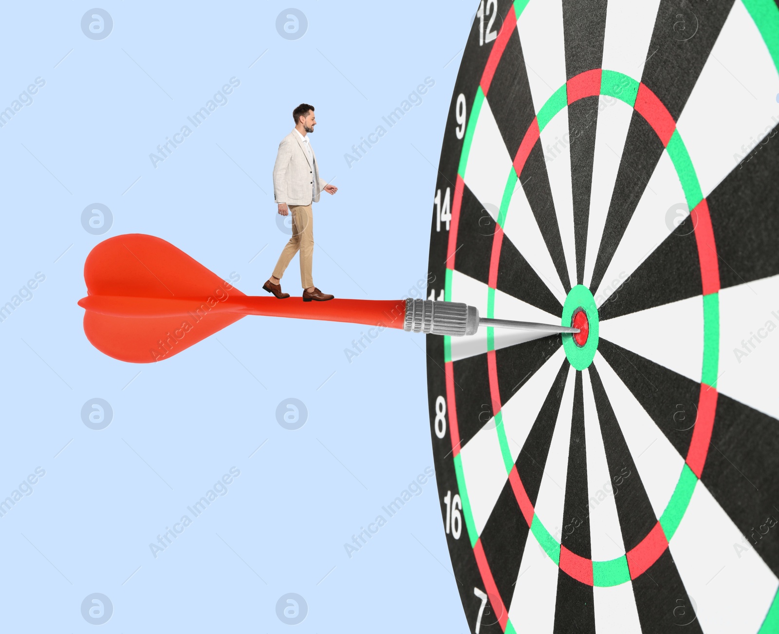 Targeting, goal achievement. Art collage with businessman walking on dart sticking in center of dartboard against light blue background Image of Targeting, goal achievement. Art collage with businessman walking on dart sticking in center of dartboard against light blue background
