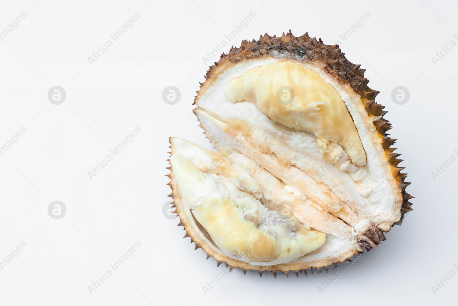 Fresh ripe durian on white background, space for text. Exotic fruit Photo of Fresh ripe durian on white background, space for text. Exotic fruit
