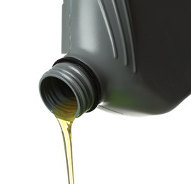 Photo of Pouring motor oil from grey canister isolated on white