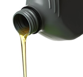 Photo of Pouring motor oil from grey canister isolated on white