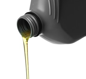 Photo of Pouring motor oil from grey canister isolated on white
