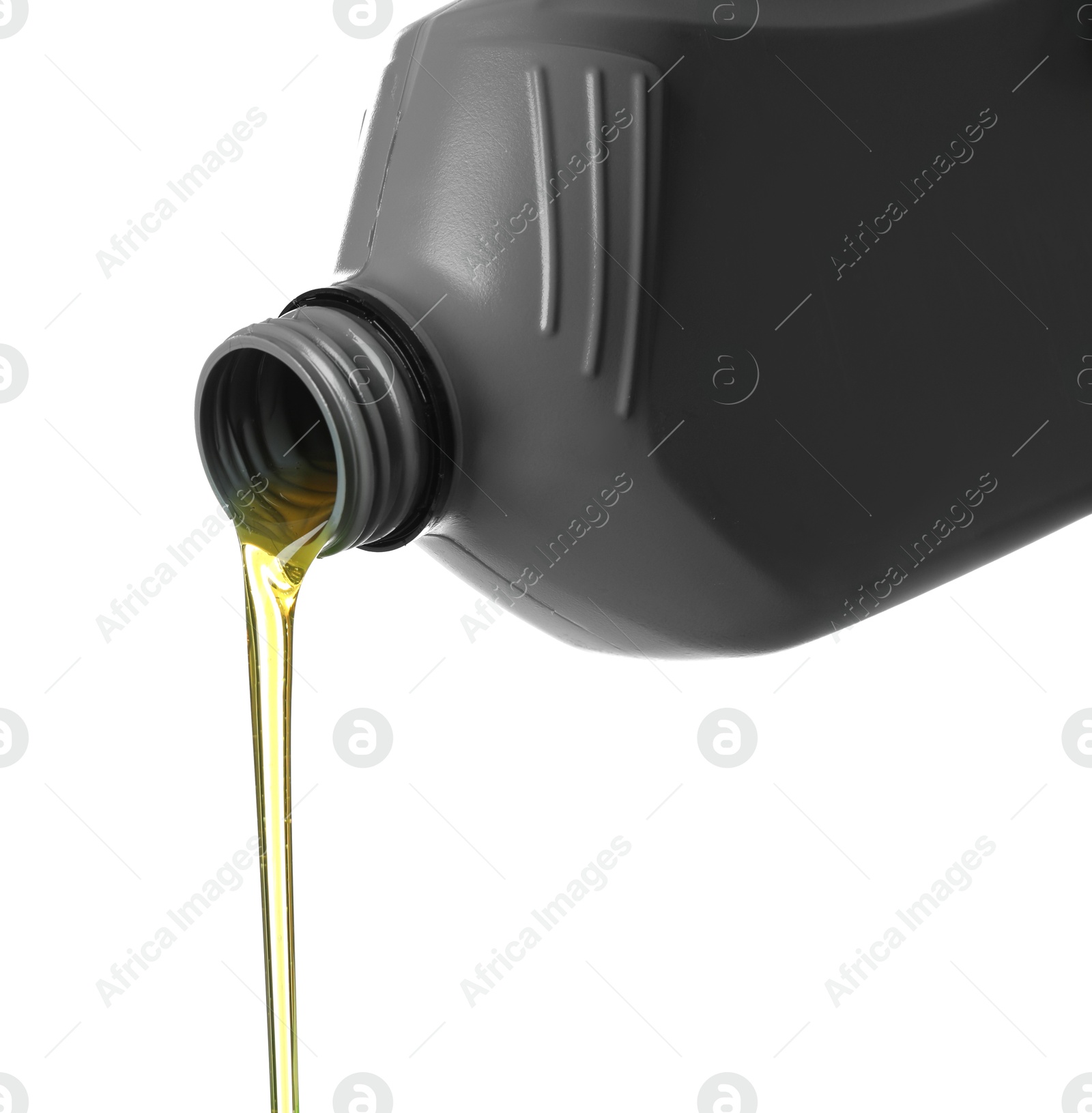 Photo of Pouring motor oil from grey canister isolated on white