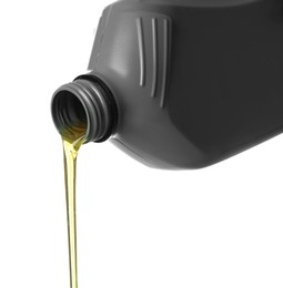 Photo of Pouring motor oil from grey canister isolated on white