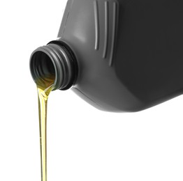 Photo of Pouring motor oil from grey canister isolated on white