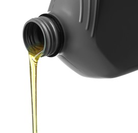 Photo of Pouring motor oil from grey canister isolated on white