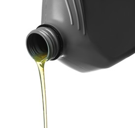Photo of Pouring motor oil from grey canister isolated on white