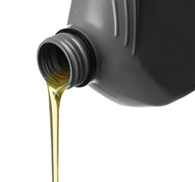 Photo of Pouring motor oil from grey canister isolated on white