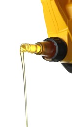Photo of Pouring motor oil from yellow canister isolated on white