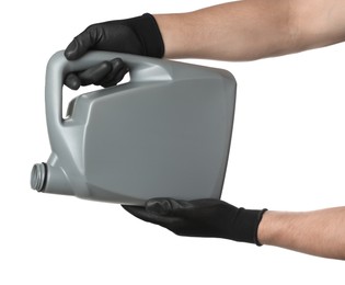 Photo of Man with grey canister of motor oil on white background, closeup