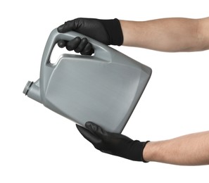 Photo of Man with grey canister of motor oil on white background, closeup