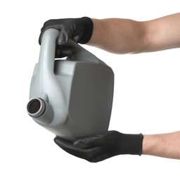 Photo of Man with grey canister of motor oil on white background, closeup