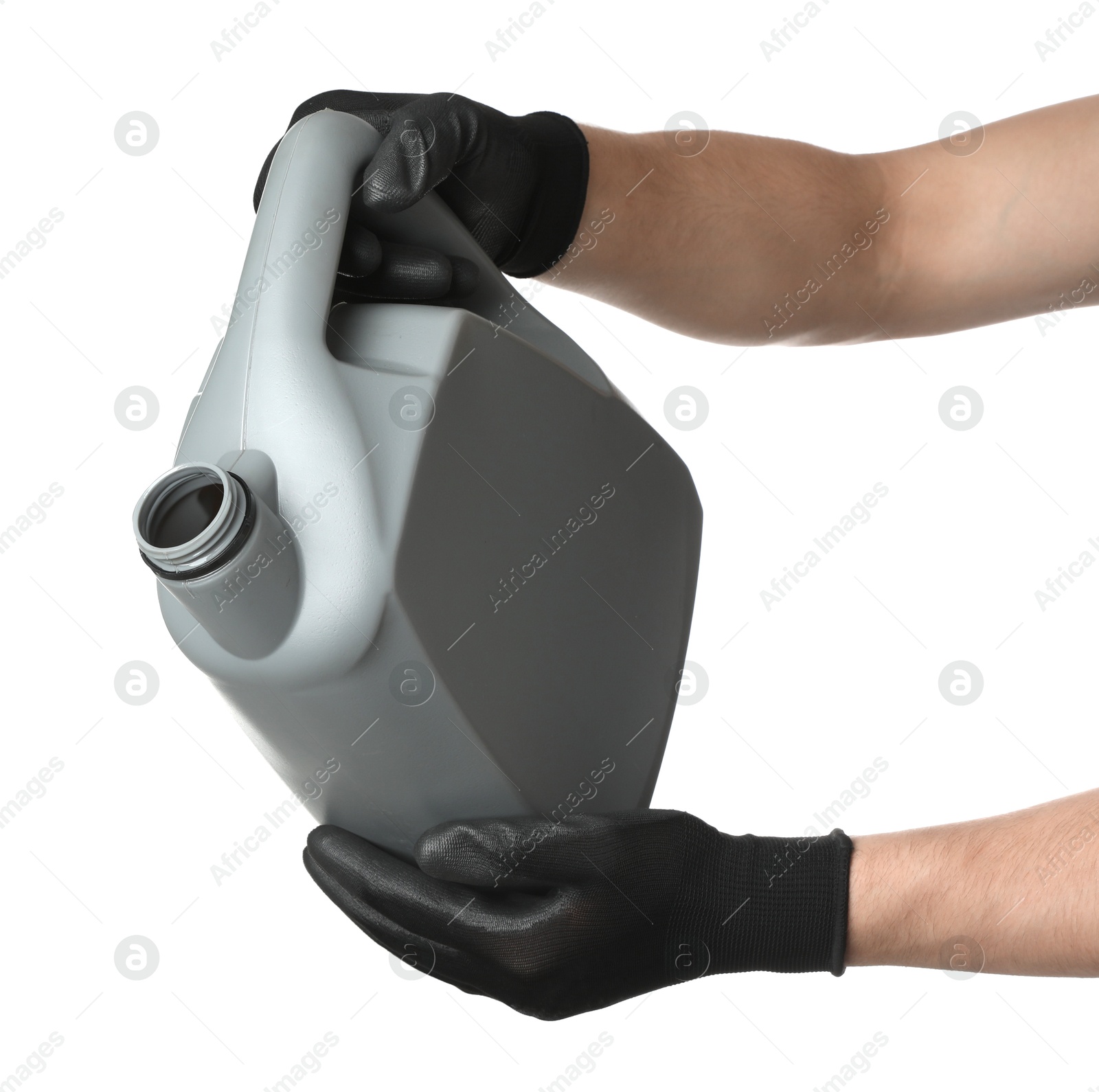 Man with grey canister of motor oil on white background, closeup Photo of Man with grey canister of motor oil on white background, closeup
