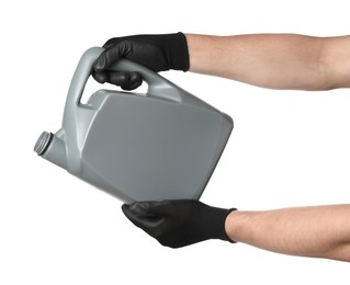 Photo of Man with grey canister of motor oil on white background, closeup