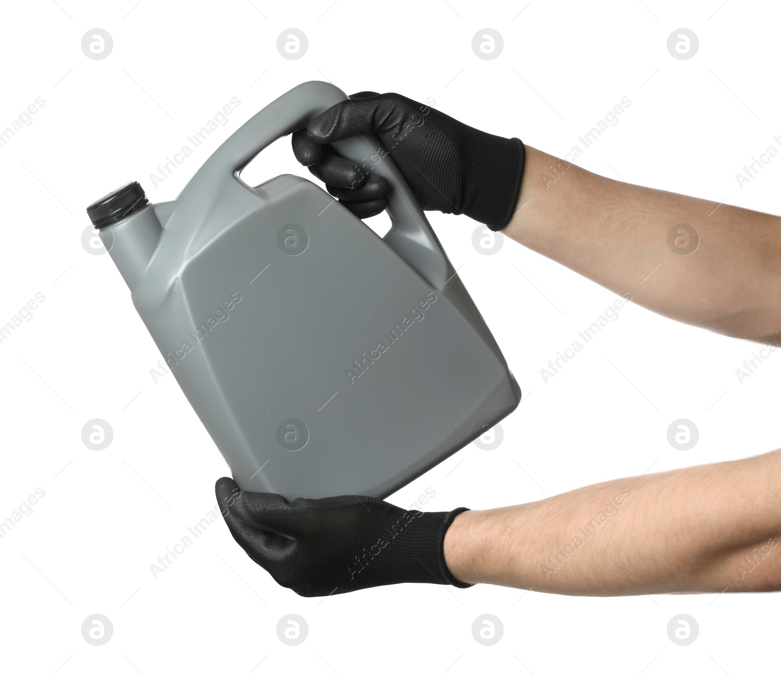 Man with grey canister of motor oil on white background, closeup Photo of Man with grey canister of motor oil on white background, closeup