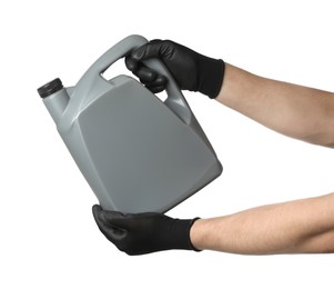 Photo of Man with grey canister of motor oil on white background, closeup