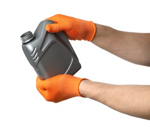 Photo of Man with grey canister of motor oil on white background, closeup