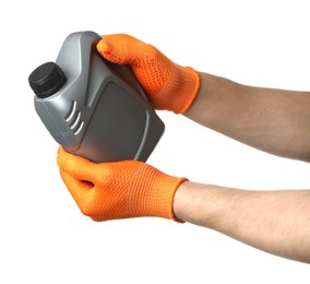 Photo of Man with grey canister of motor oil on white background, closeup