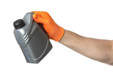 Photo of Man with grey canister of motor oil on white background, closeup