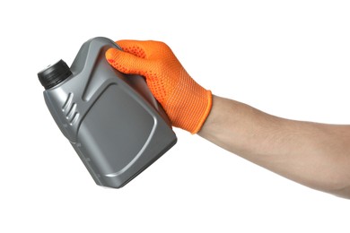 Photo of Man with grey canister of motor oil on white background, closeup
