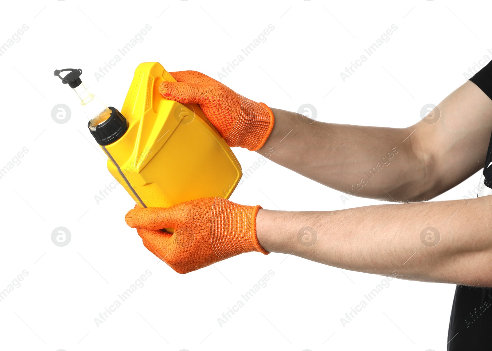 Man with yellow canister of motor oil on white background, closeup Photo of Man with yellow canister of motor oil on white background, closeup