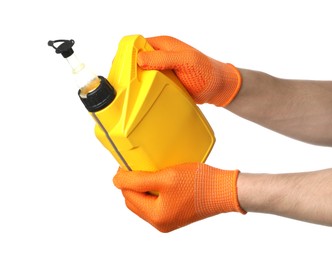 Photo of Man with yellow canister of motor oil on white background, closeup