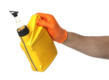 Photo of Man with yellow canister of motor oil on white background, closeup