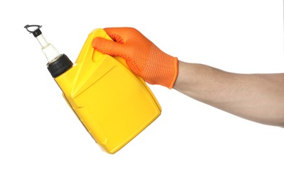 Photo of Man with yellow canister of motor oil on white background, closeup