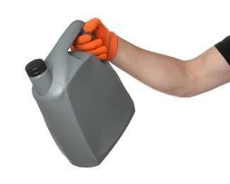 Photo of Man with grey canister of motor oil on white background, closeup