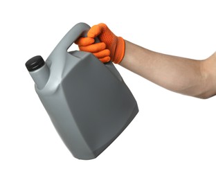 Photo of Man with grey canister of motor oil on white background, closeup
