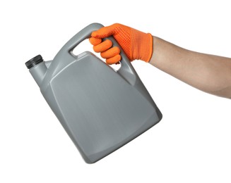 Photo of Man with grey canister of motor oil on white background, closeup