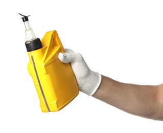 Photo of Man with yellow canister of motor oil on white background, closeup