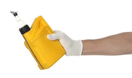 Photo of Man with yellow canister of motor oil on white background, closeup