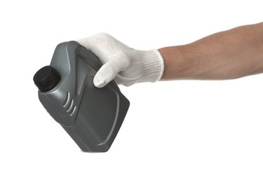Photo of Man with grey canister of motor oil on white background, closeup