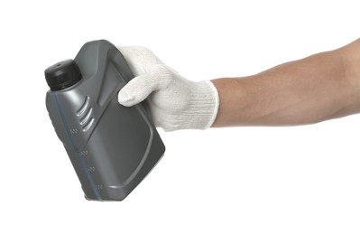 Photo of Man with grey canister of motor oil on white background, closeup