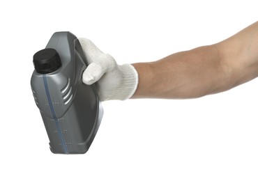 Photo of Man with grey canister of motor oil on white background, closeup