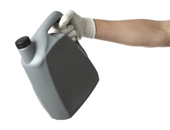 Photo of Man with grey canister of motor oil on white background, closeup